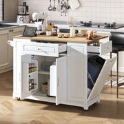 Isola da cucina su ruote con piano estraibile; cassetti multifunzione e vano pattumiera; bianco; 120x40-70 cm