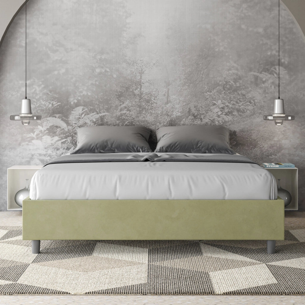 BS COM Letto matrimoniale francese contenitore imbottito 140x190 microfibra tè verde
