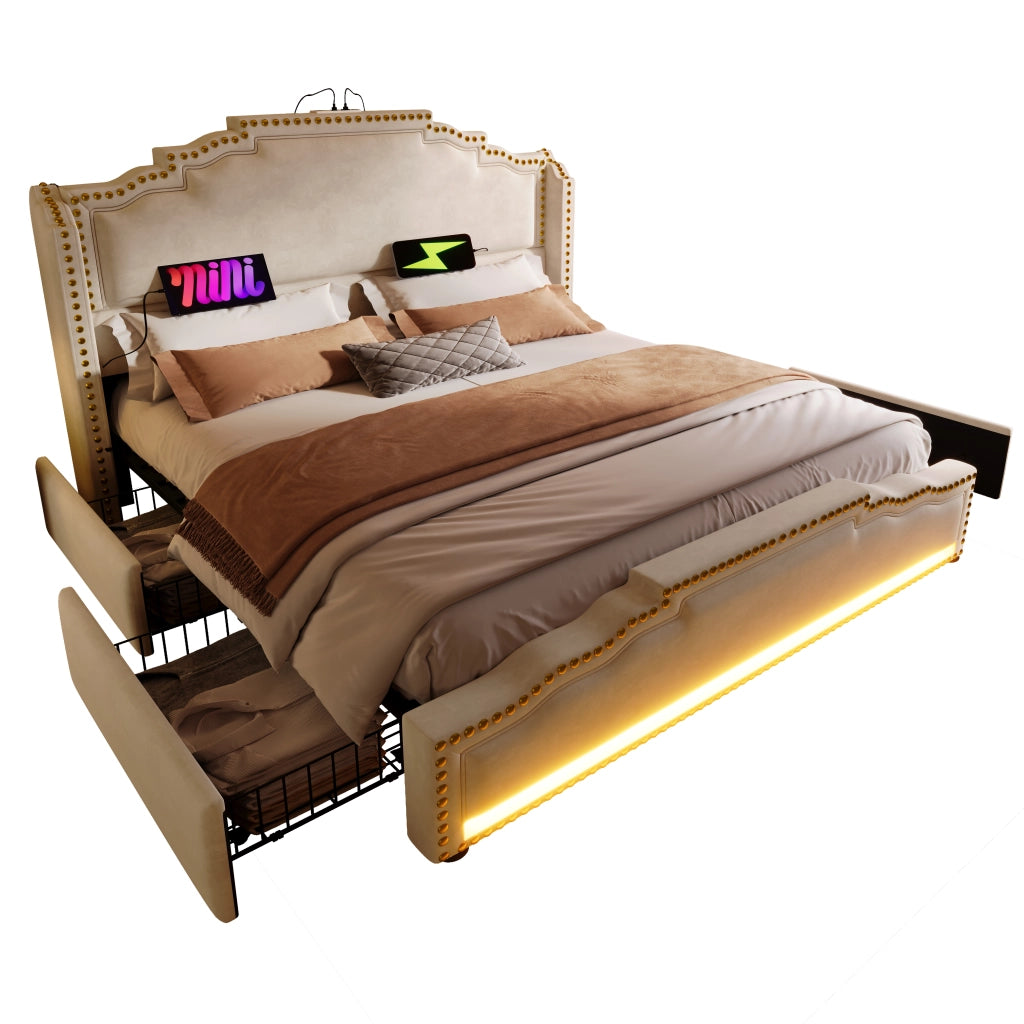 Letto imbottito 140x200 - Zephmum - 4 cassetti, LED, USB-C, velluto, beige