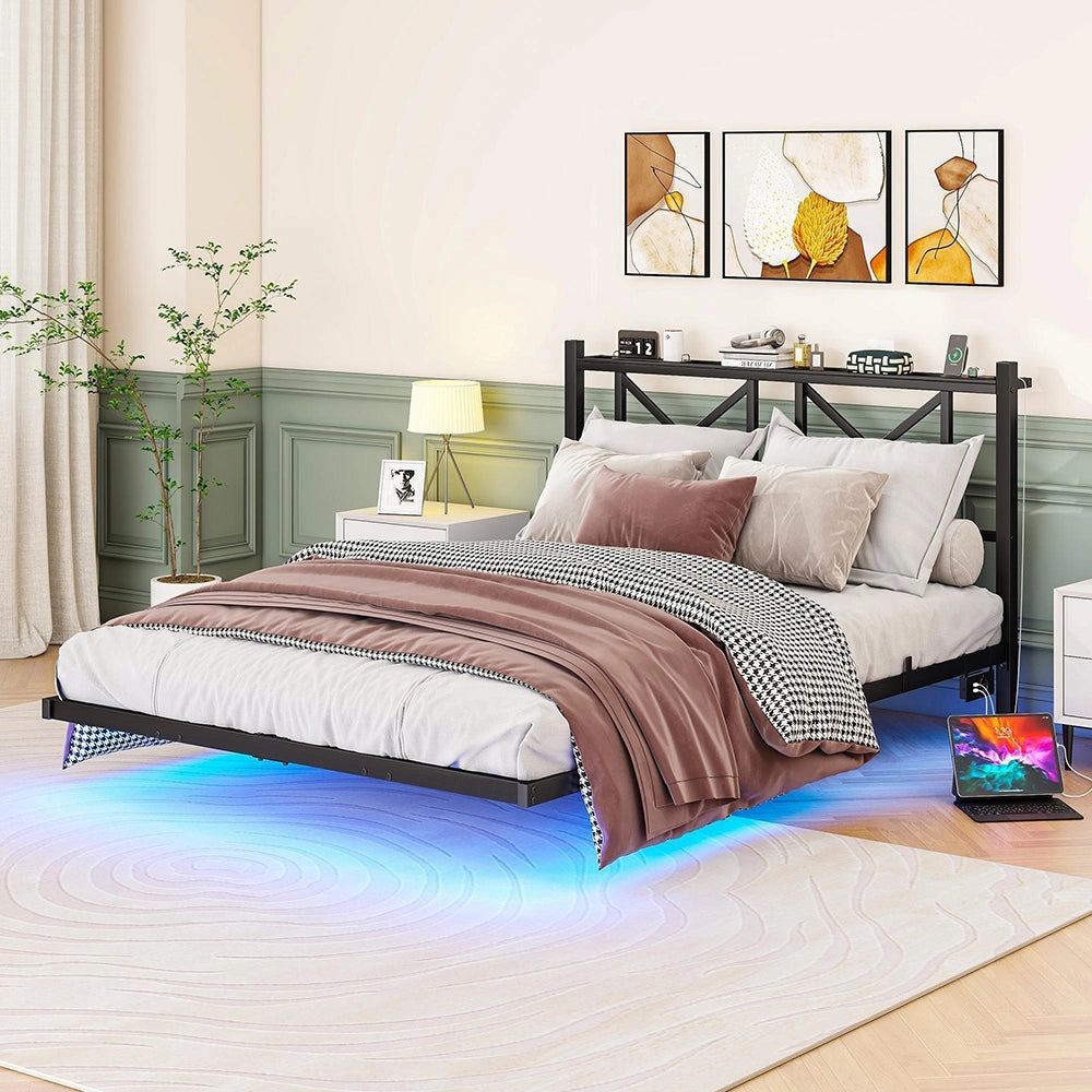 Letto doppio 140x200cm - Xylo - LED USB sospeso facile montaggio