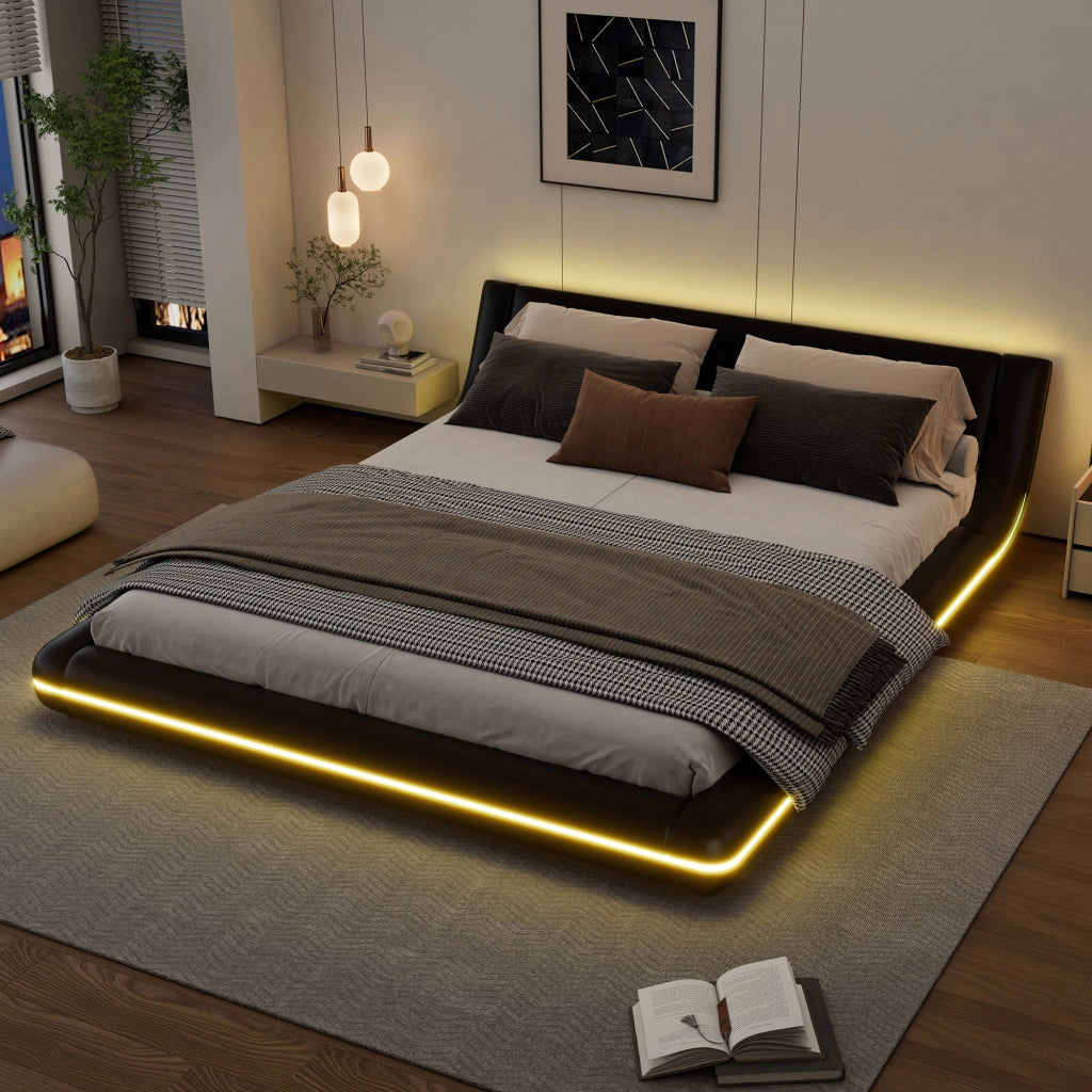 Letto basso 160x200 cm in PU e MDF con LED ambientale, nero