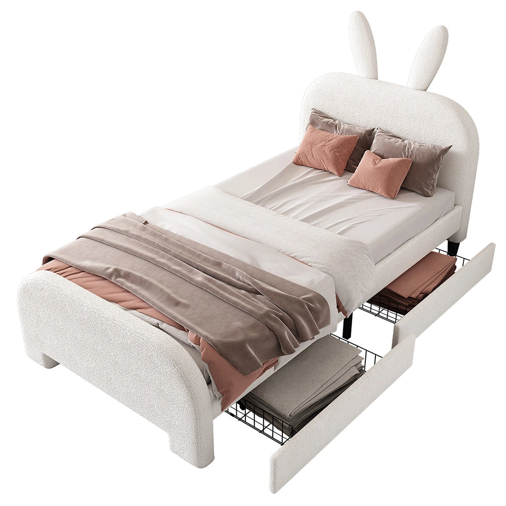 Letto per bambini con cassetto - Xylo - 90x200 cm - Bianco - Lana di pecora resistente forma coniglio cartoon