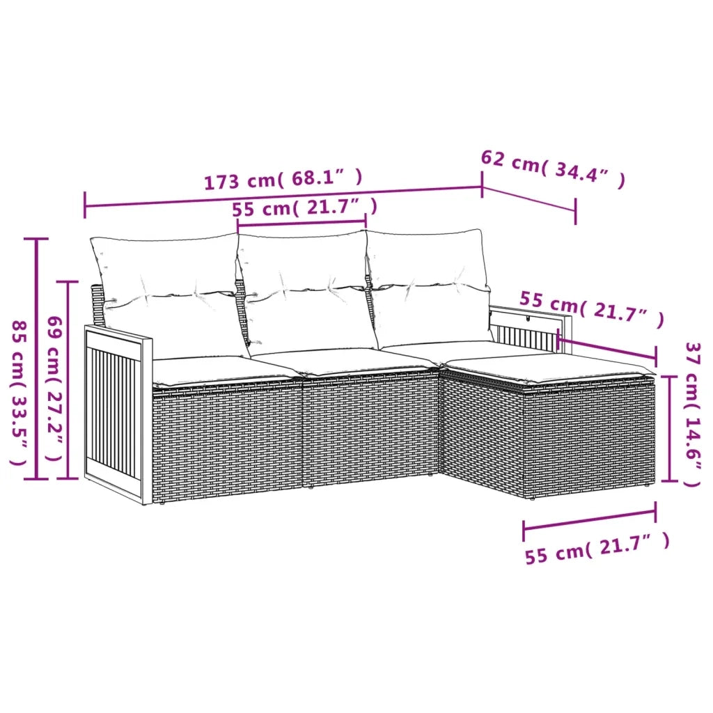 Set Divani da Giardino 4 pz con Cuscini Nero in Polyrattan