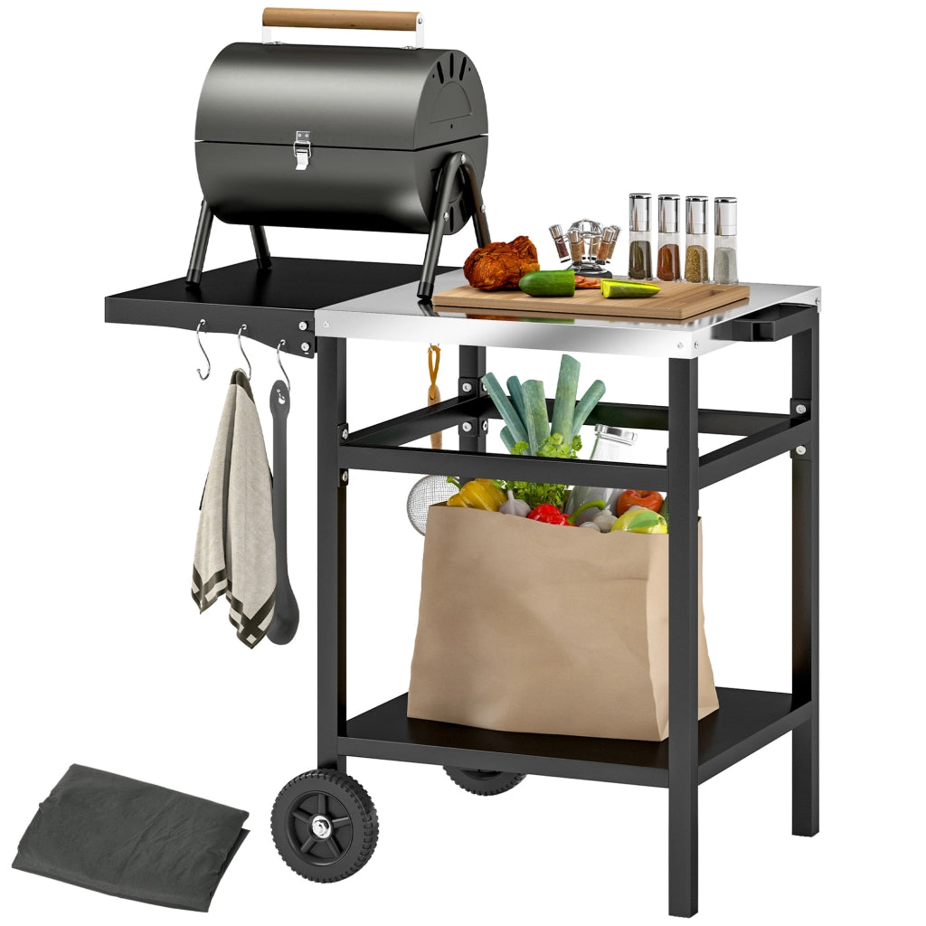 Carrello per Barbecue con Piano e Ripiano Richiudibile ¨C Minimal ¨C Nero Acciaio 91x58x76 cm