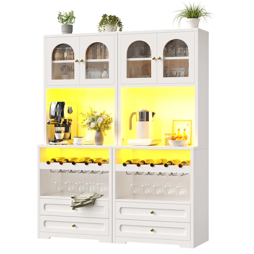 Credenza con ante in vetro; cassetti; ripiani regolabili; portabottiglie e LED per soggiorno; 140×40×180 cm