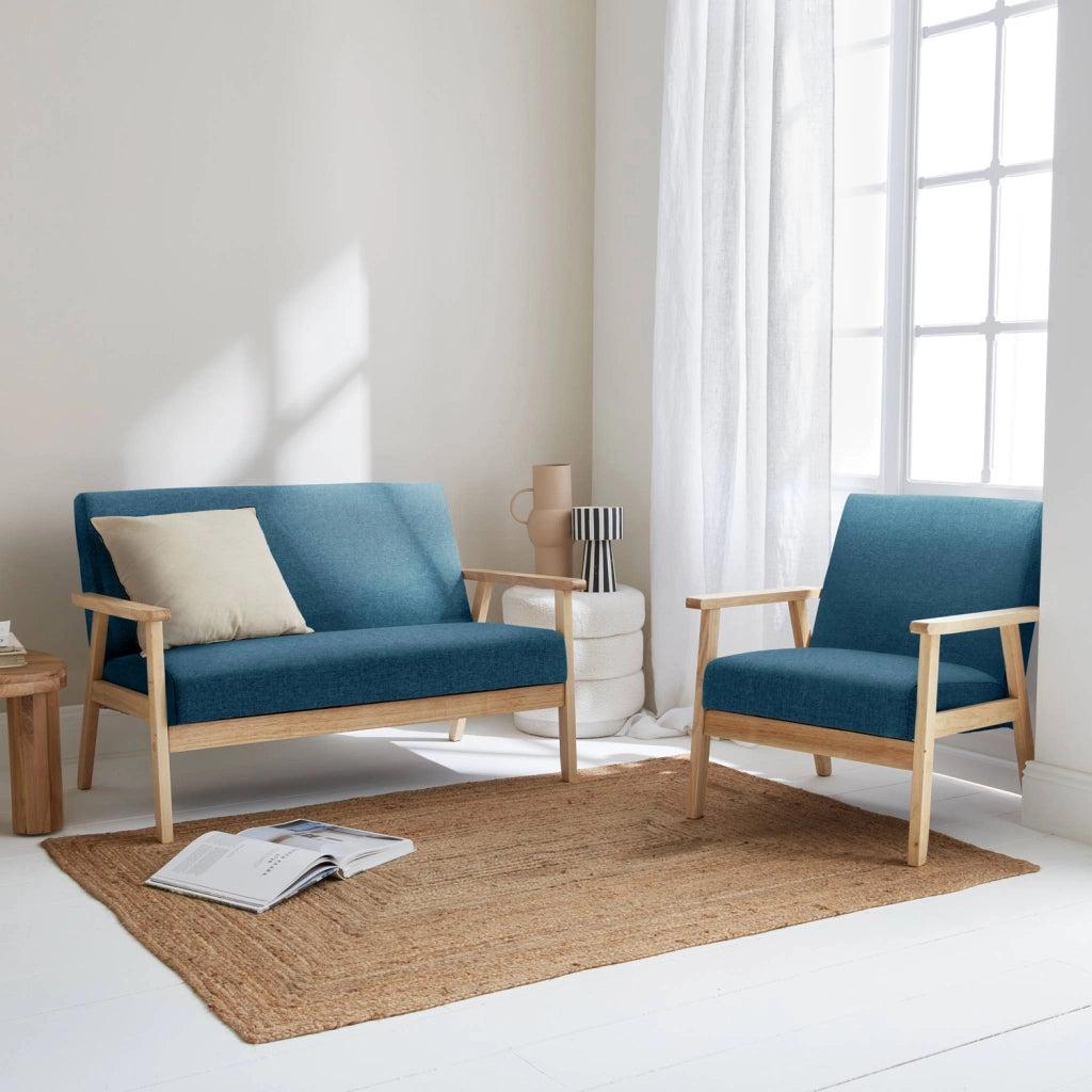 Set panca e poltrona in legno e tessuto, 3 posti, blu smeraldo