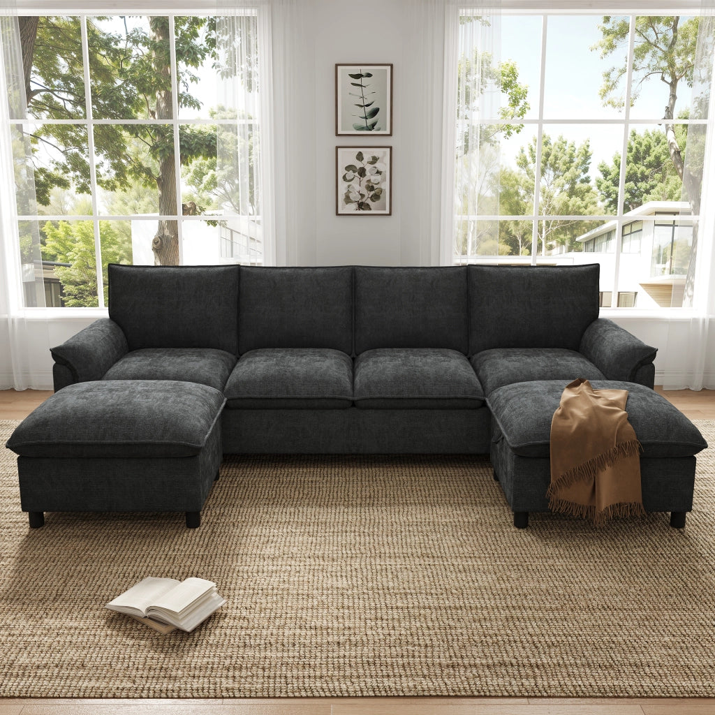 DIVANO modulare a U 264,5x142,5x84 cm in ciniglia nera con 2 pouf