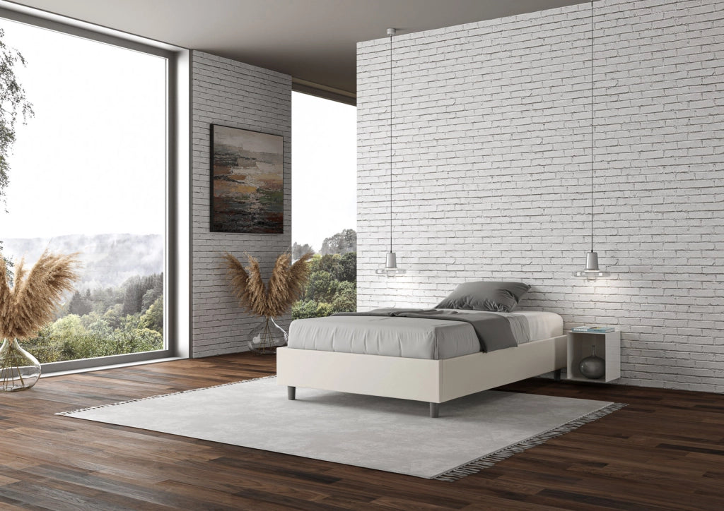 BS COM Letto una piazza e mezza con rete imbottito 120x190 similpelle bianco