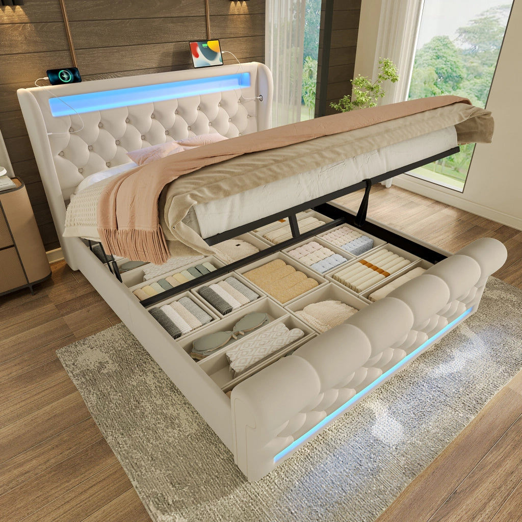 DESMIU Letto contenitore idraulico 160 × 200 cm 2 posti con LED, USB e Type C, senza materasso, in velluto, beige