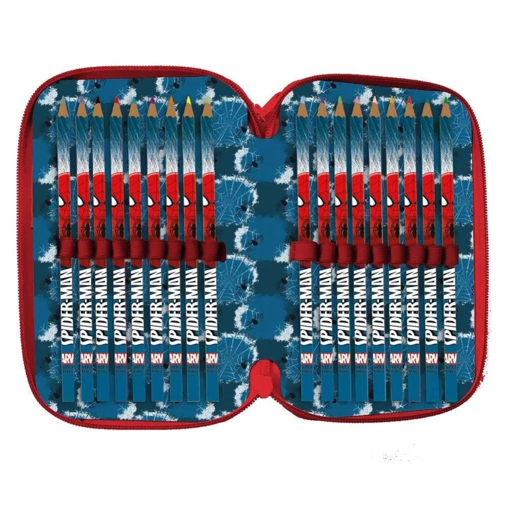 Trade Shop - Astuccio Portapastelli Scuola 3 Zip Spiderman Con Accessori Pastelli Pennarelli -
