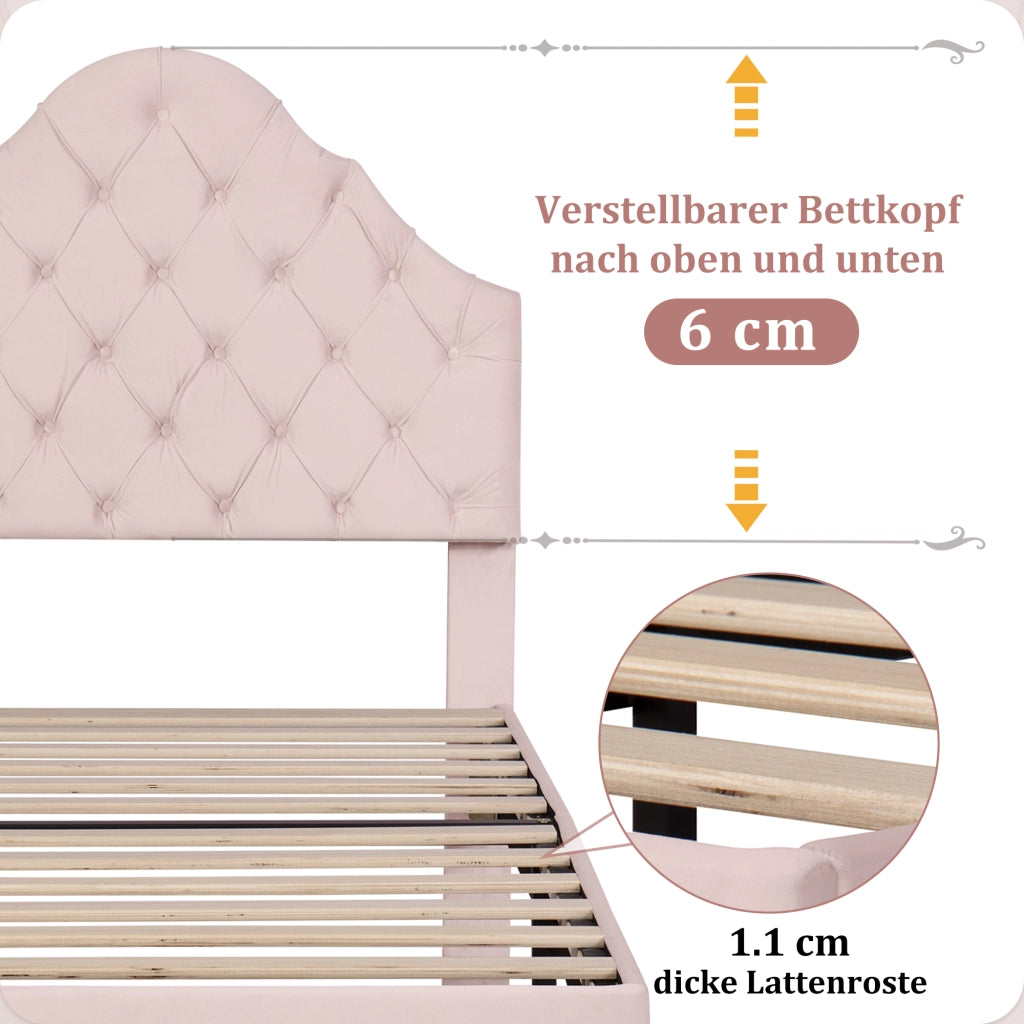 LETTO Imbottito 90x200 cm in velluto rosa con testiera regolabile