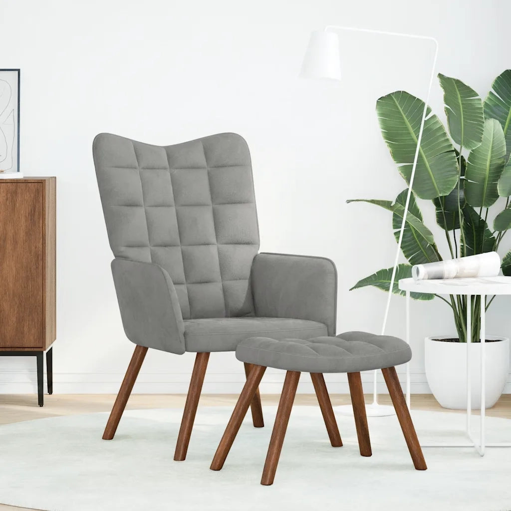Poltrona Relax | Sedia Relax con Sgabello Grigio Chiaro in Velluto