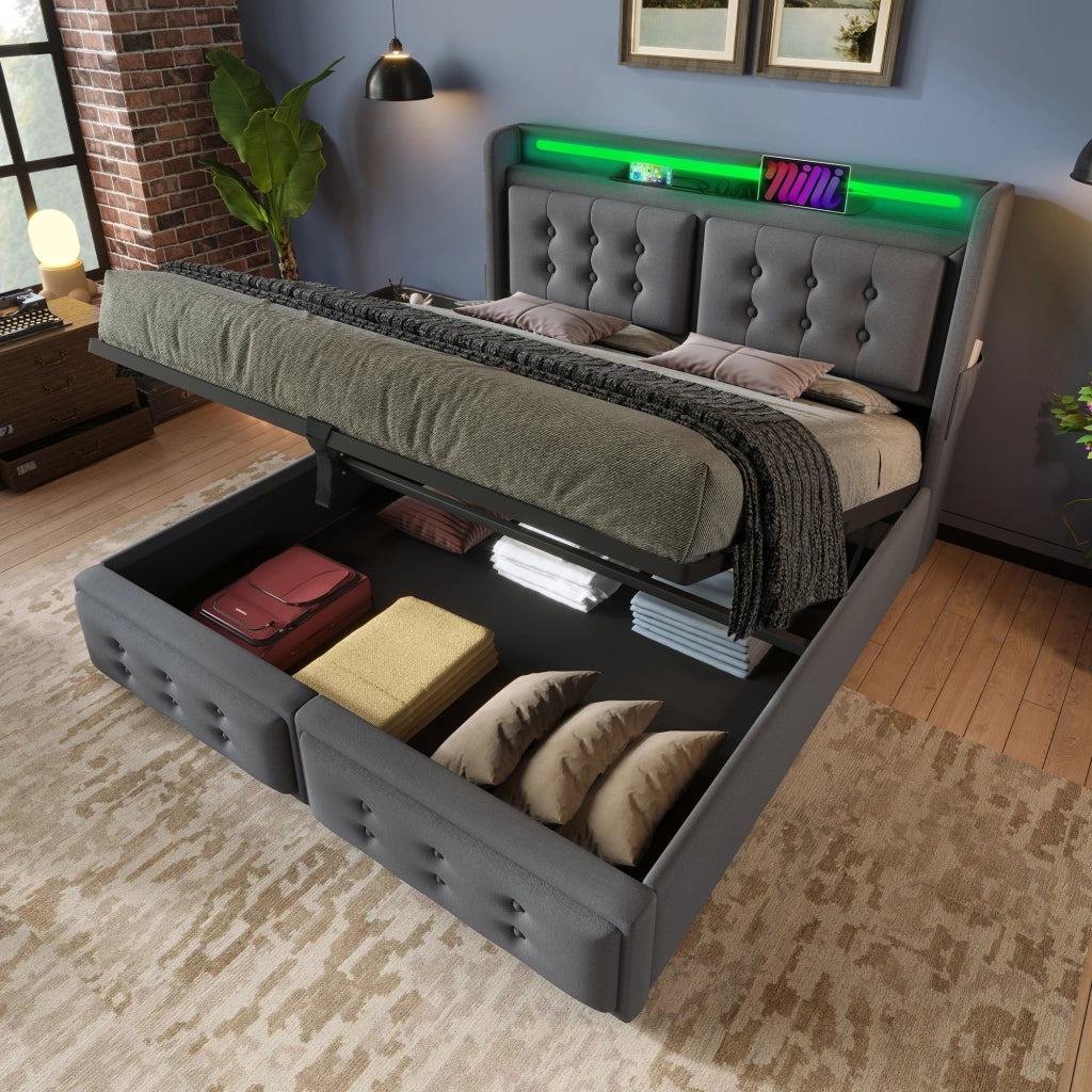 LETTO Contenitore 180x200 cm con LED e USB-C Tessuto Grigio
