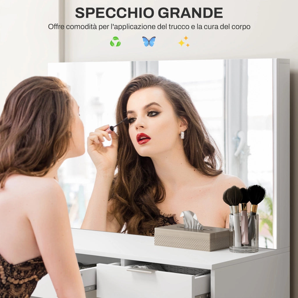 Consolle Trucco con Specchio 5 Cassetti e Sgabello 97,2x44,5x136,5 cm Bianco