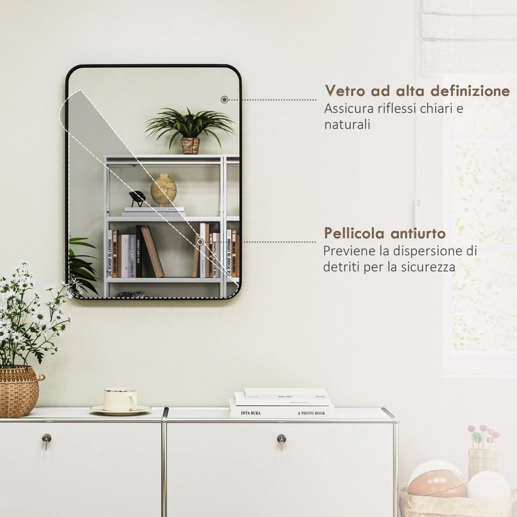 Specchio da Bagno 60x2.5x80 cm con Cornice in Metallo e Gancio Nero