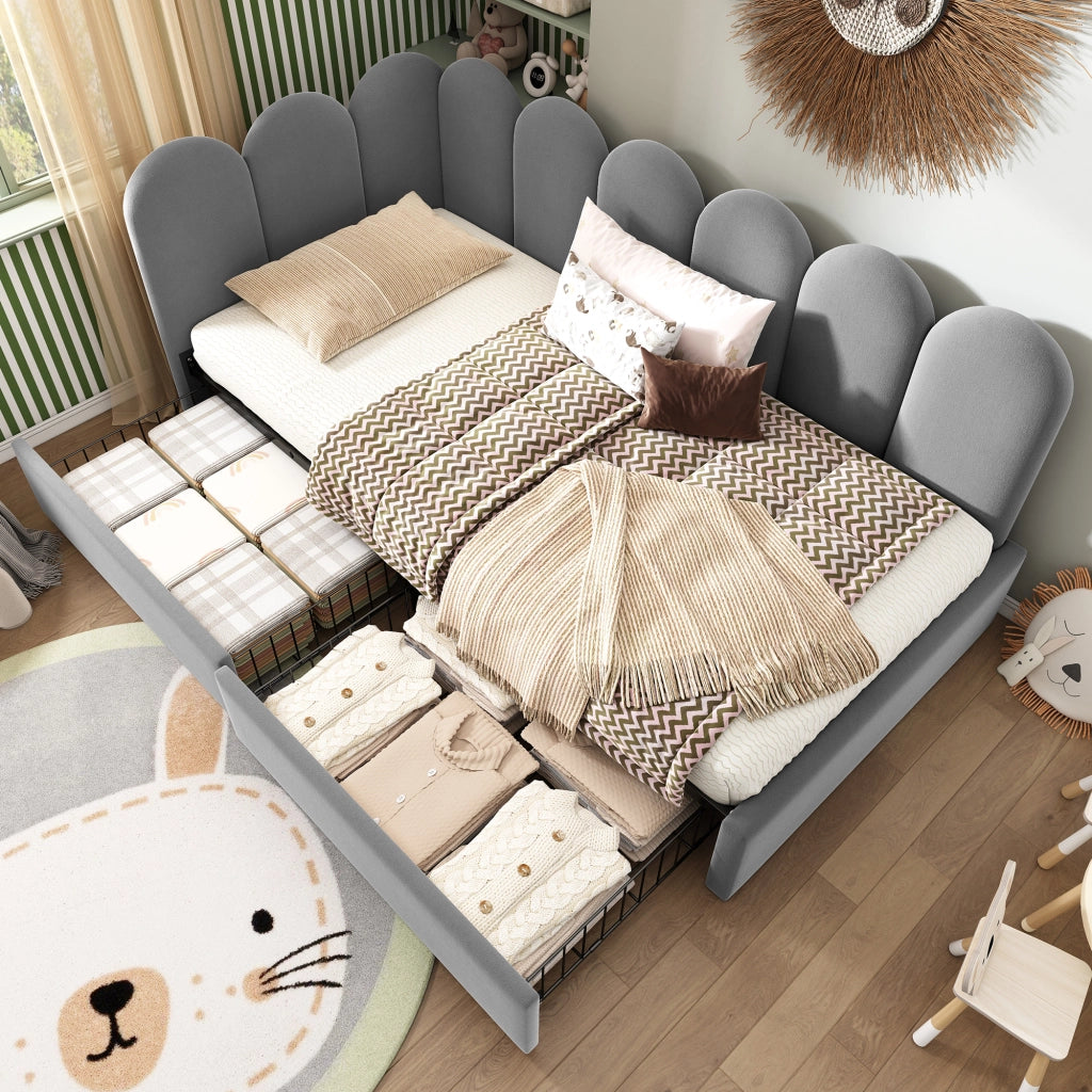 LETTO Divano 90x200 cm in velluto grigio con 2 cassetti