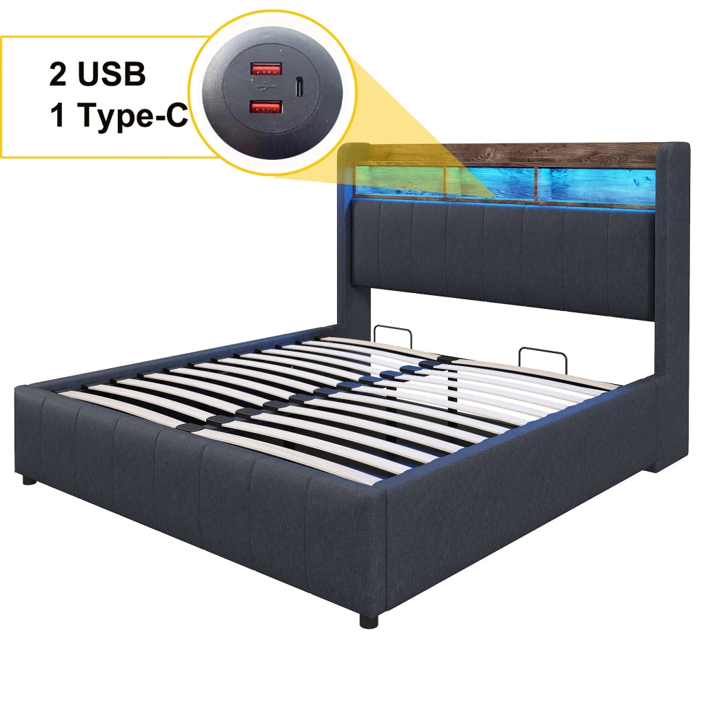 LETTO Imbottito 140x200 cm Grigio con LED, USB, Tipo C e vano contenitore