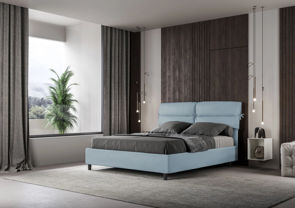 BS COM Letto matrimoniale con rete imbottito 160x200 microfibra azzurro
