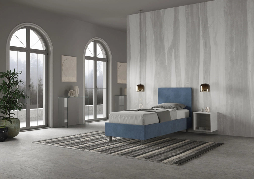 BS COM Letto singolo con rete imbottito 90x200 microfibra blu