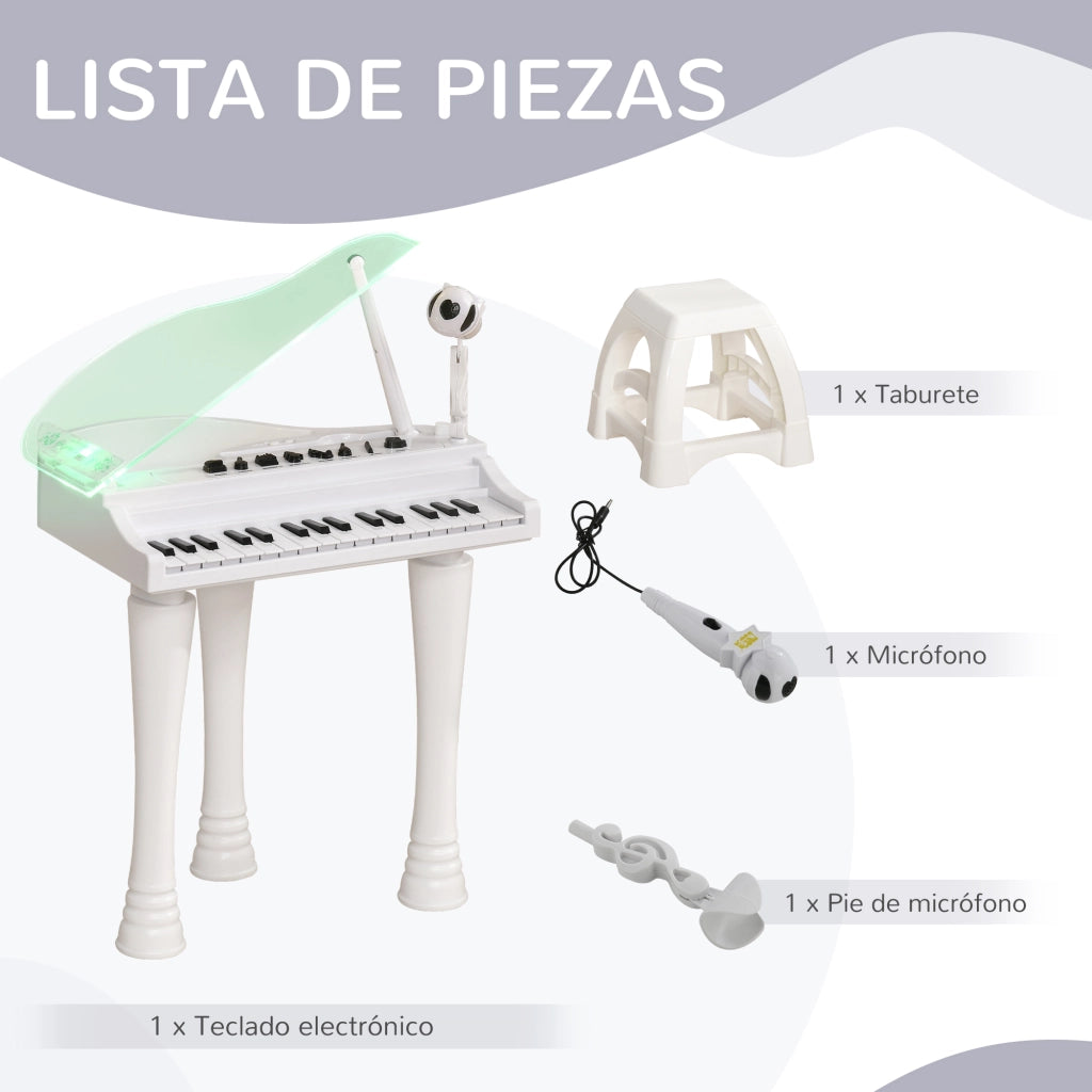 Piano Giocattolo per Bambini con Microfono e Luci ¨C Minimal ¨C 37x30.5x60.4 cm Bianco