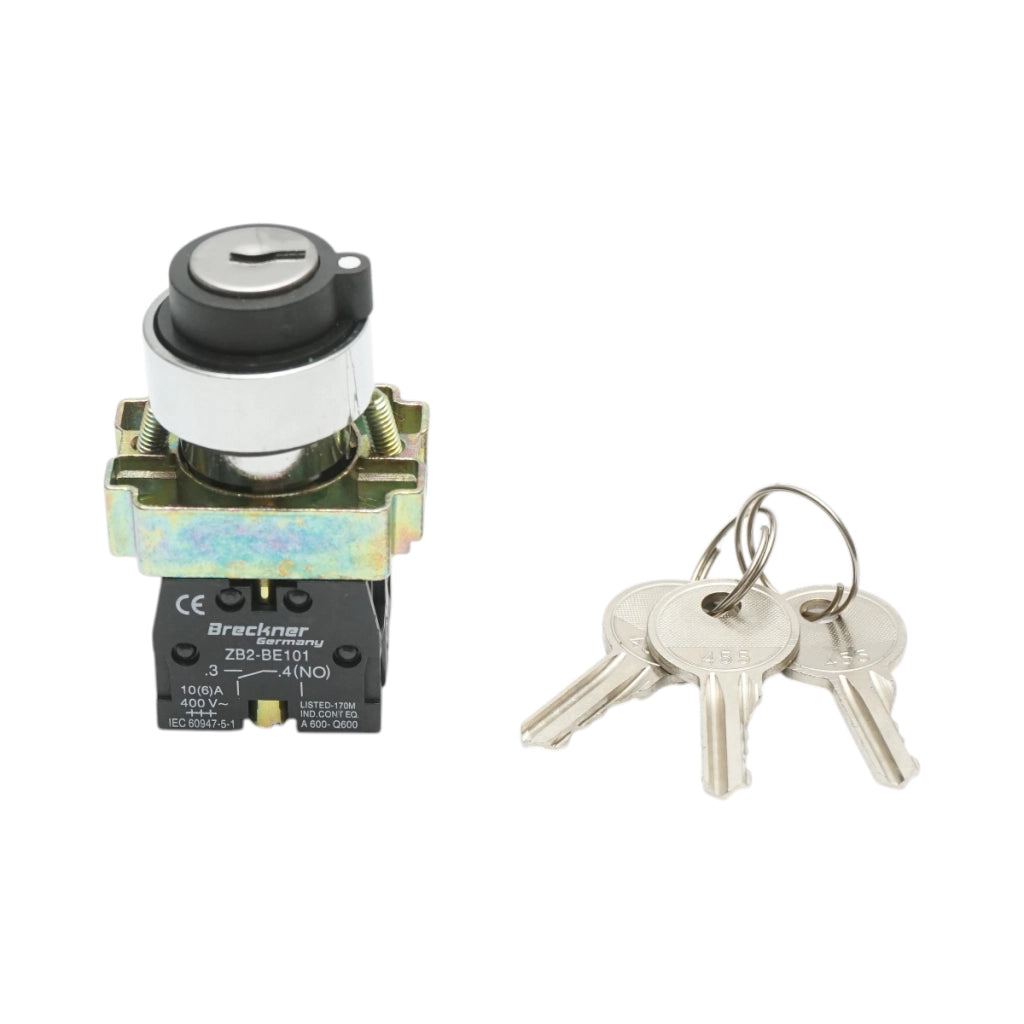 Selettore a 3 posizioni con blocco e chiave 2NO, 400V/10A, LAY5-BG53 Breckner Germany
