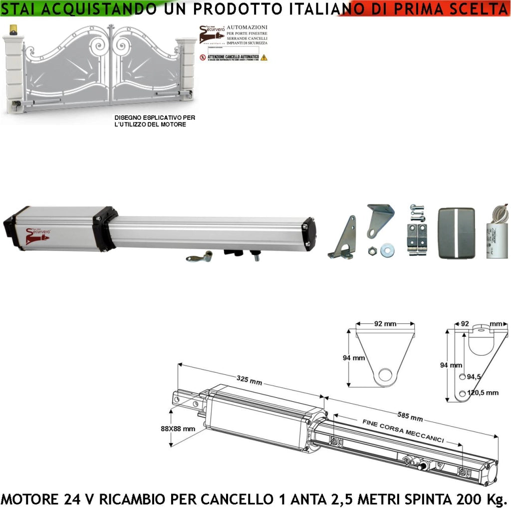 Motore Elettromeccanico 24 Vcc Corsa 400 mm Ricambio Cancello Elettrico Automatico Anta 2,5 Metri Sblocco a Chiave Ricambio Originale Securvera Finecorsa Meccanici Kit Staffe Bulloni Misure 810X88X88 mm Compatibile Elettronica BTF Aster Fac
