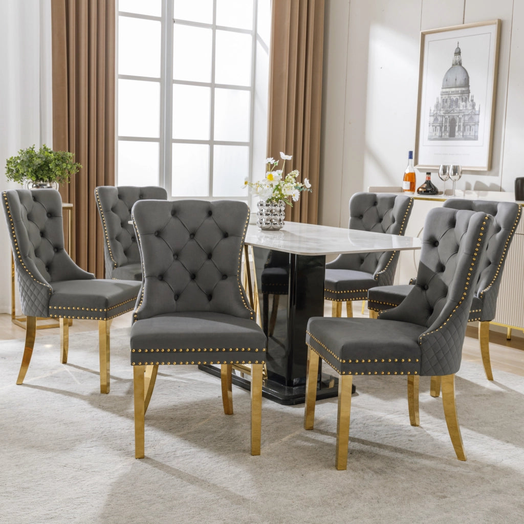 OKWISH Set di 6 Sedie da Pranzo con Anello Rotondo sullo Schienale e Borchie Decorative, Piedini Regolabili, Velluto Grigio