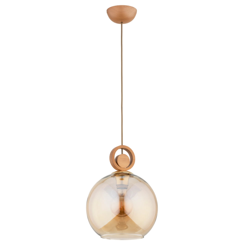 Lampada sospensione legno vetro ambra E27 Sara Alfa