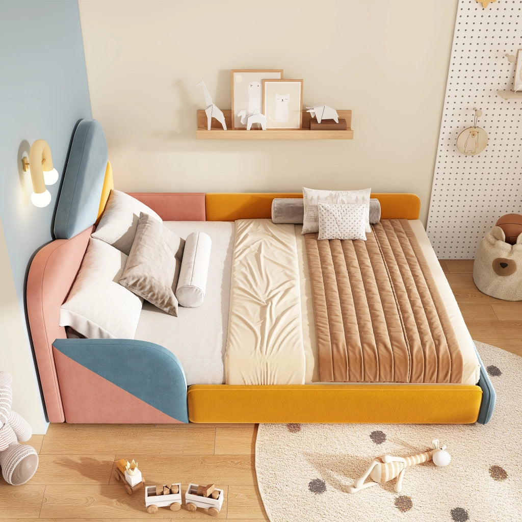 LETTO imbottito 140x200 cm in velluto patchwork blu, rosa e giallo