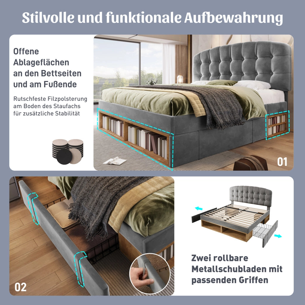 LETTO 140x190 cm Velluto Grigio con testiera regolabile e cassetti