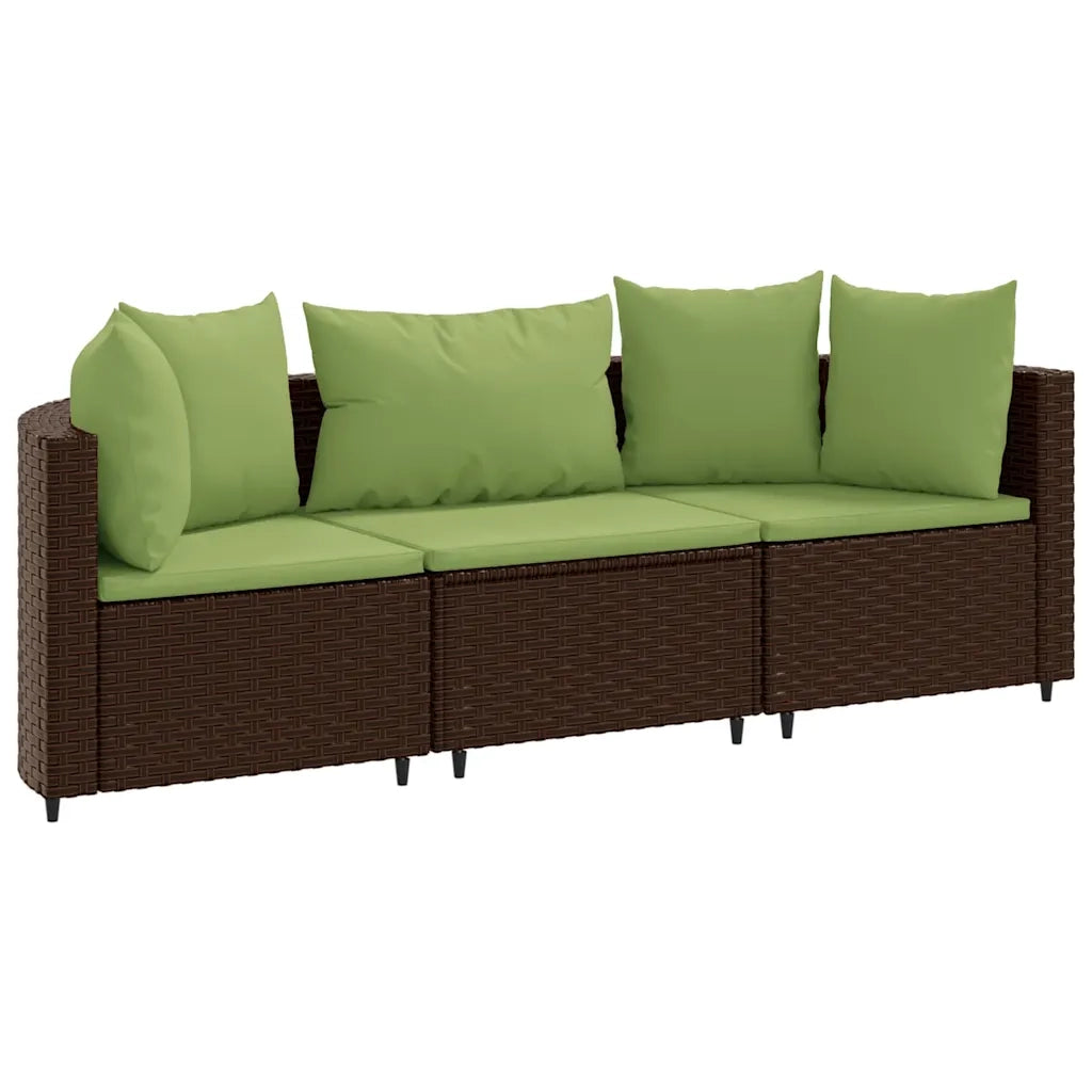 Set Divano da Giardino 3 pz con Cuscini Marrone in Polyrattan