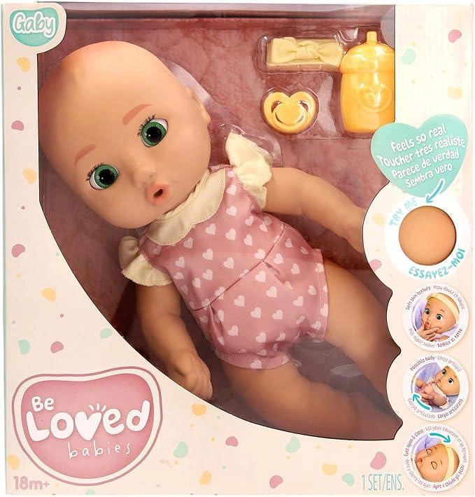 BE LOVED BABIES Gaby, Bambola Realistica, Ha una Pelle Morbida e Include un Ciuccio e un Biberon, Totalmente Articolato,