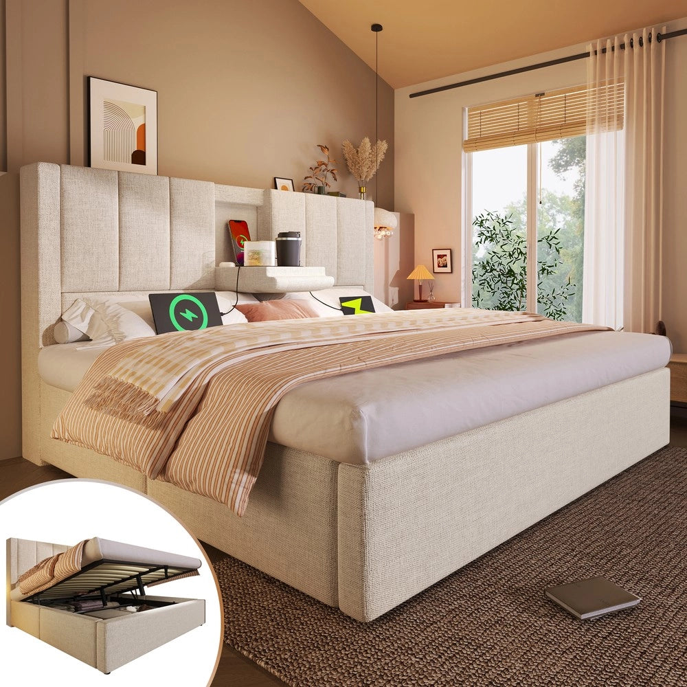 Letto Contenitore Imbottito 140x200 ¨C MINIMAL ¨C Idraulico, con Rete, Beige