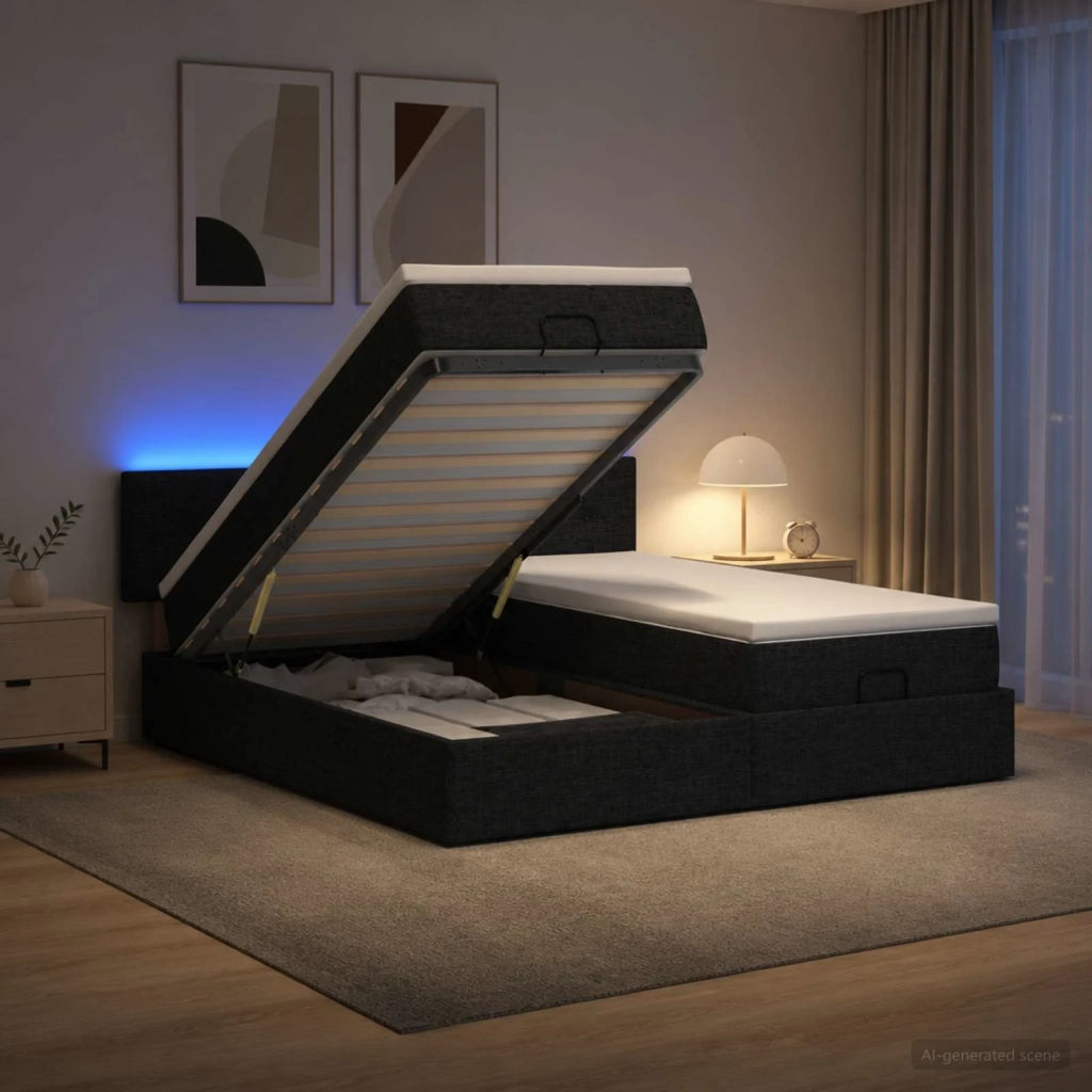Letto Ottomano con Materasso e LED Nero 160 x 200 cm Tessuto 3457268