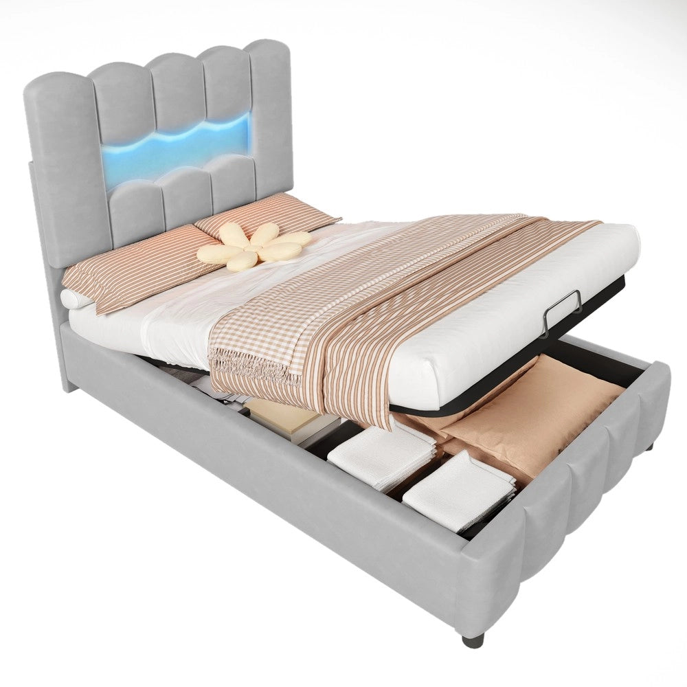 Letto Imbottito Singolo con LED e Contenitore ¨C MINIMAL ¨C Velluto Grigio 90x200