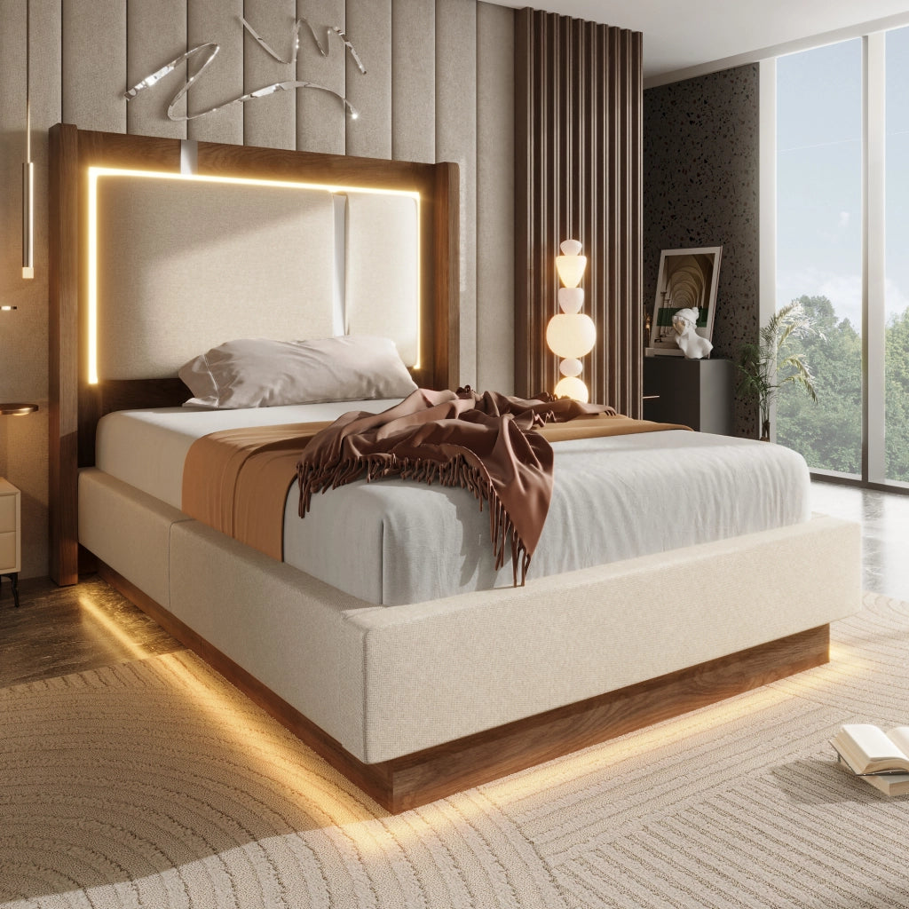 LETTO 90x200 cm con LED, contenitore idraulico, lino beige e noce
