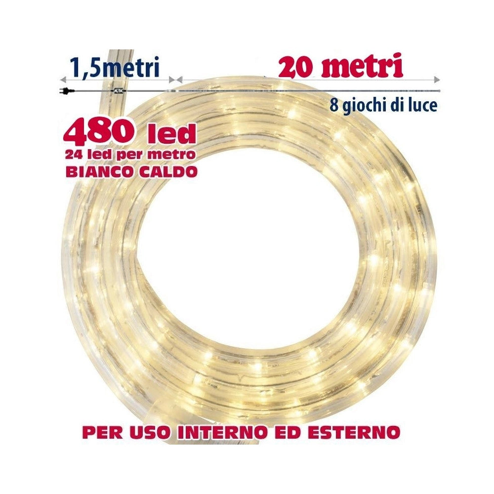 Trade Shop - Tubo Luminoso 20 Metri Led Bianco Caldo 480 Luci Per Interno E Per Esterno -