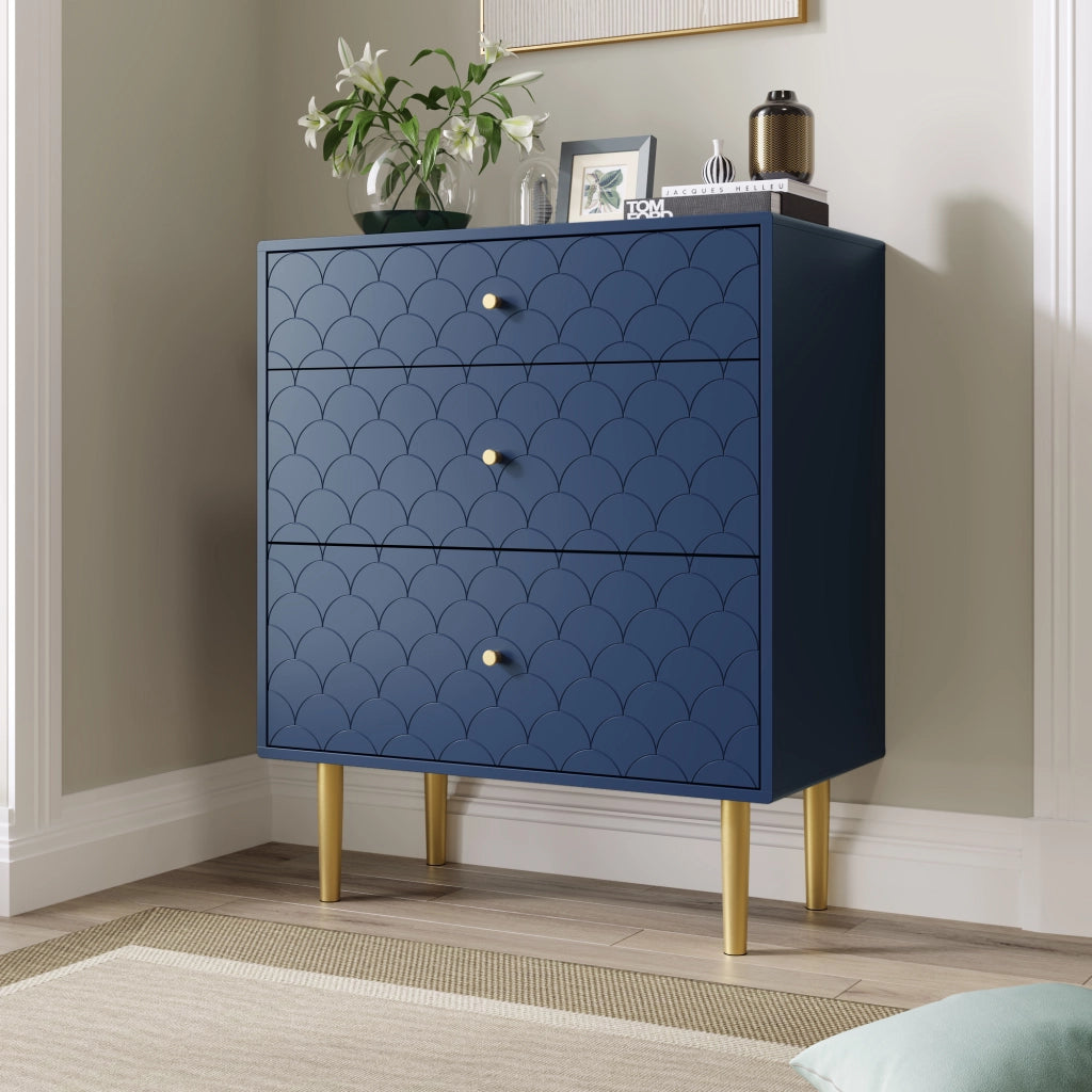 COMODA a 3 cassetti 75x40x89 cm Blu navy con gambe color champagne