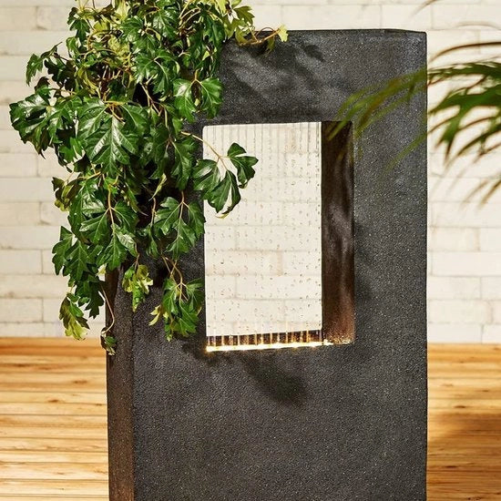 Fontana da Giardino con Illuminazione a LED - Aspetto di Pietra - Dimensioni: circa 93 x 56 x 20 cm - Materiale: Poliressina - Colore: Grigio Scuro - Fontana da Giardino