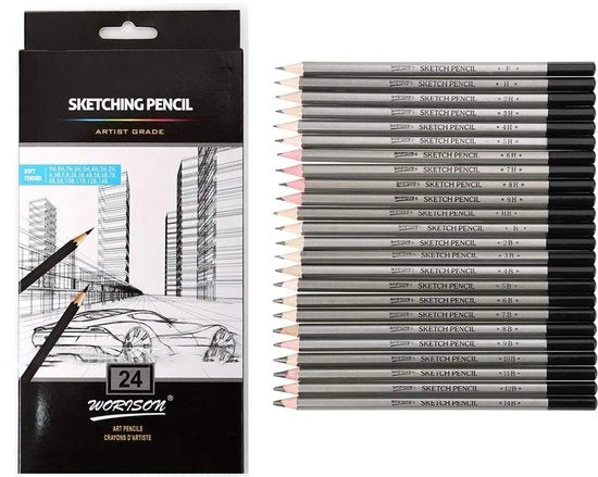 Set di matite da disegno professionale 24 pezzi - forma esagonale - grafite liscio - non frantumabile - ideale per disegnare e schizzare