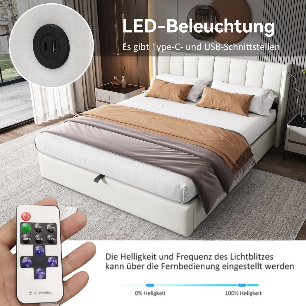 LETTO imbottito 160x200 cm in PU bianco con LED, USB e contenitore