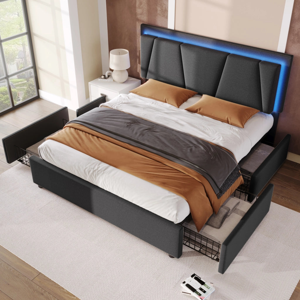 LETTO imbottito 160x200 cm grigio con testiera regolabile, LED e 4 cassetti
