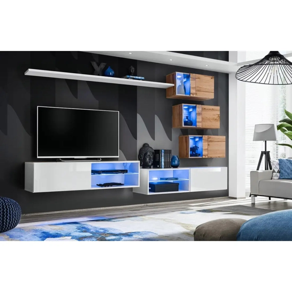 Set arredo salotto SWITCH XXIV design, colori bianco e quercia.
