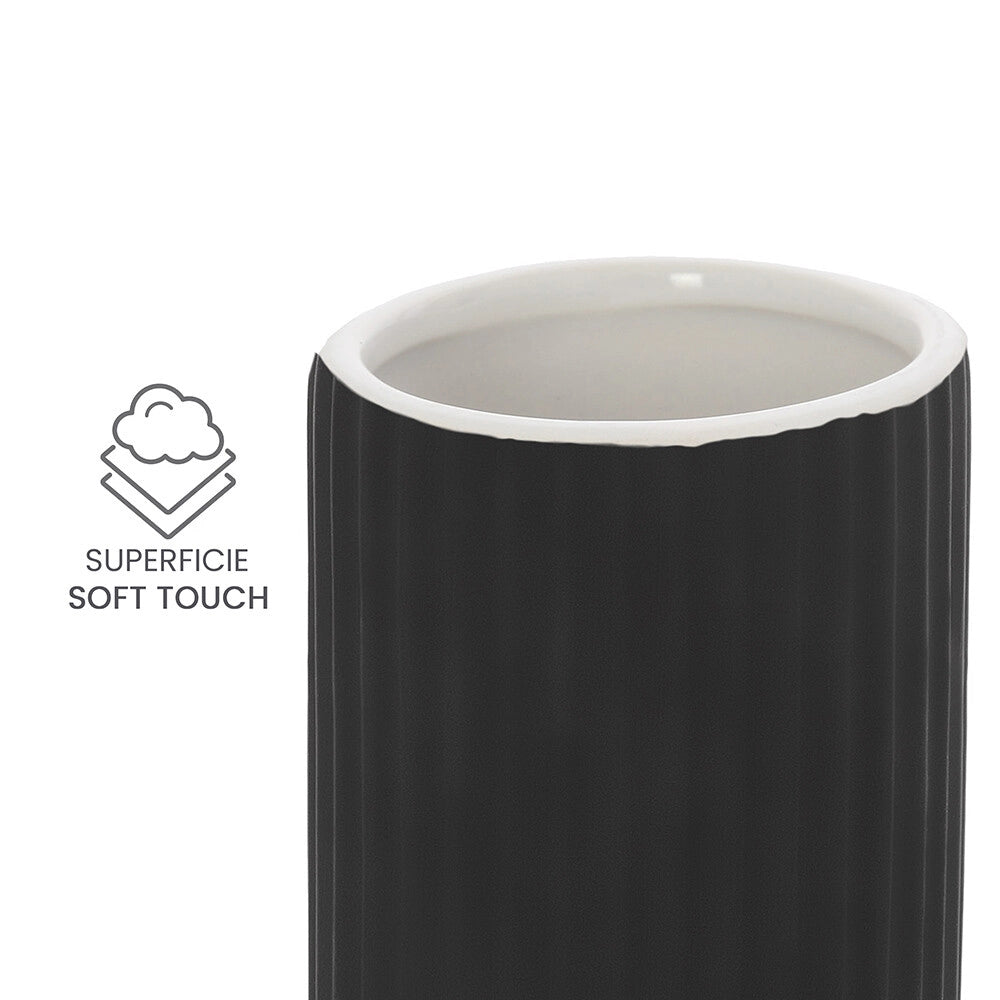 Set accessori bagno in ceramica nero con dispenser sapone e due portaspazzolini Spring