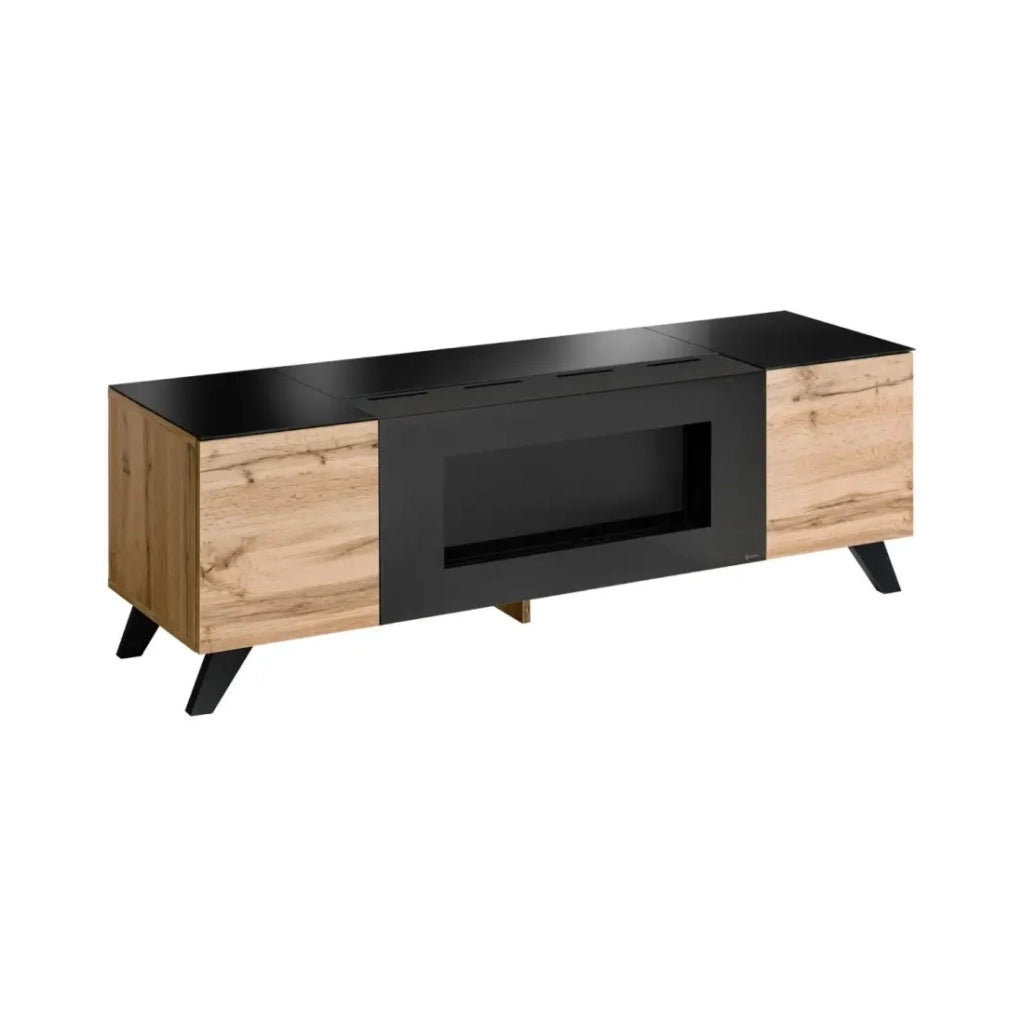 Set da salotto TINO con camino bio-etanolo - Rovere scuro e nero - L340 cm