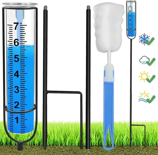 Registrazione Precipitazioni Esterna - Registrazione Pioggia Resistente al Gelido, Registrazione Pioggia con Altezza Regolabile, Registrazione Pioggia con Colonna in Vetro, Incluso Pennello di Pulizia - Misurazione Cimitero e Misurazione Prato