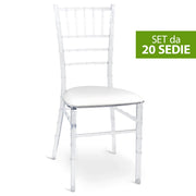 Set da 20 Sedie Chiavarine Trasparenti in Plastica con cuscino similpelle bianco