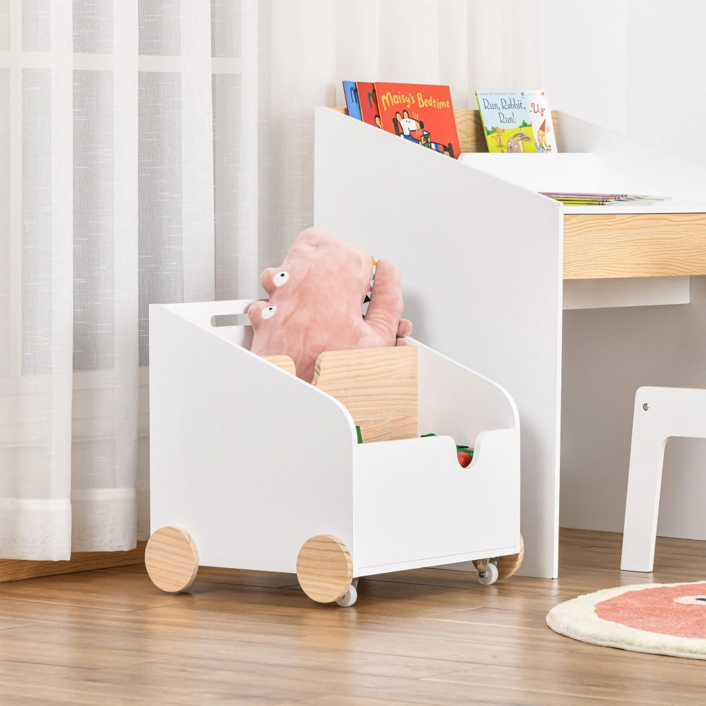 Libreria Bambini per Giocattoli 2 Scomparti con Ruote ¨C Minimal ¨C 40x43x43 cm Bianco e Naturale