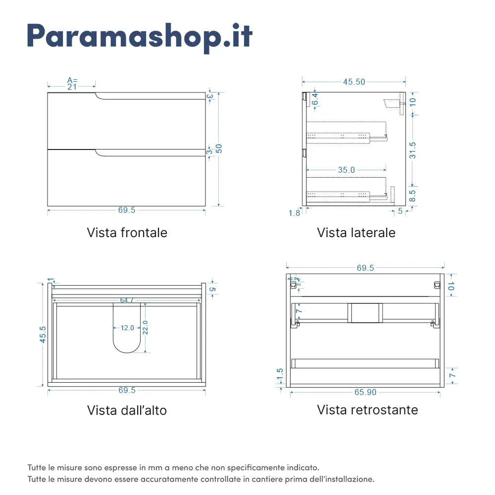 Mobile bagno sospeso 70 cm due cassetti blu zaffiro opaco con top | Ardenne