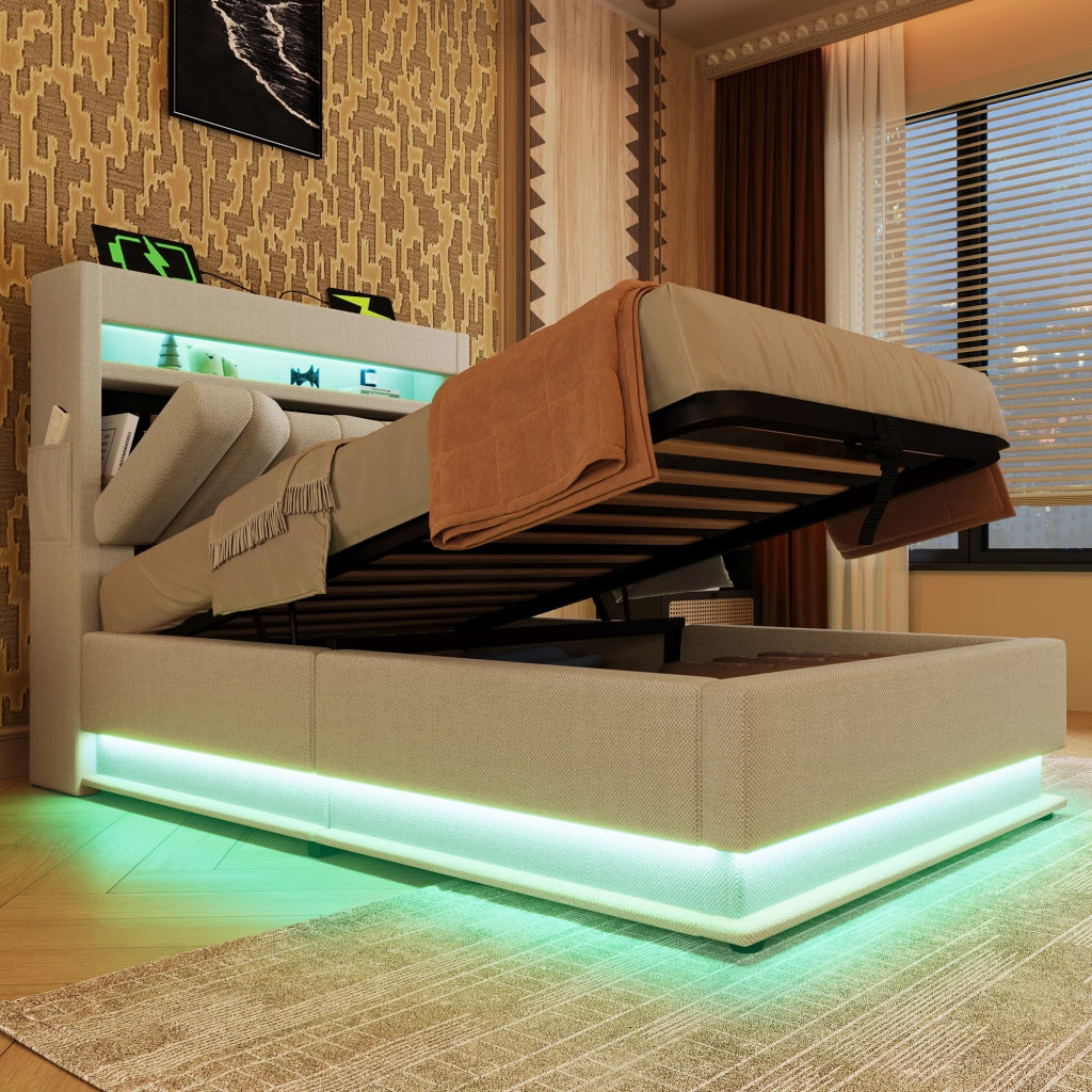 LETTO contenitore 90x200 cm in lino beige con LED e ricarica USB/Type-C